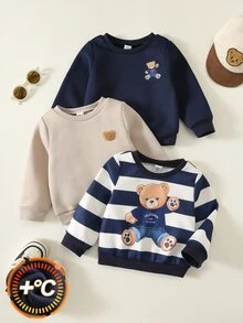 SHEIN 男女嬰兒/幼兒 3件組 秋冬加厚抓絨內裡可愛熊圖案運動衫套裝，嬰兒冬季上衣/運動衫，聖誕 - 藏蓝色 - 查看 1