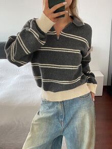 DAZY Women's Colorblock Dark Grey Loose Long Sleeve Turn-Down Collar Casual Preppy Korean Style Vacation Fall Pullover Knit Sweater Y2k Everyday School Winter - Grey - View 1