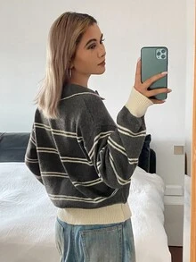 DAZY Women's Colorblock Dark Grey Loose Long Sleeve Turn-Down Collar Casual Preppy Korean Style Vacation Fall Pullover Knit Sweater Y2k Everyday School Winter - Grey - View 2