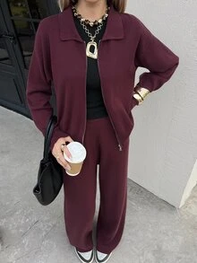 DAZY Women's 2pcs Set: Loose Casual Long Sleeve Cardigan & Straight Leg Pants, Burgundy, Autumn - Red Violet - View 4