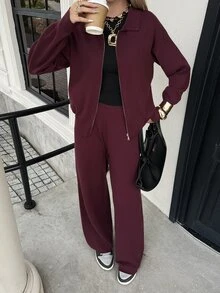 DAZY Women's 2pcs Set: Loose Casual Long Sleeve Cardigan & Straight Leg Pants, Burgundy, Autumn - Red Violet - View 6