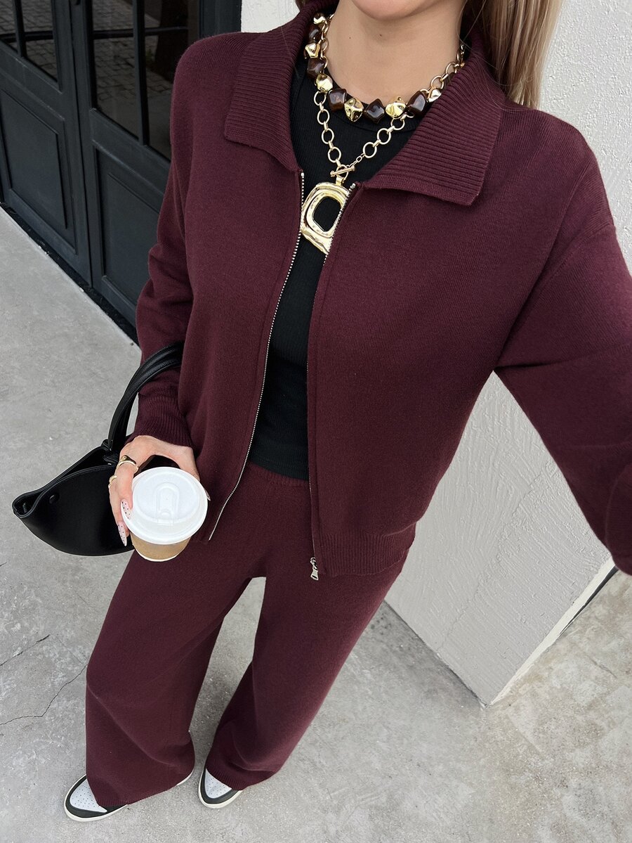 DAZY Women's 2pcs Set: Loose Casual Long Sleeve Cardigan & Straight Leg Pants, Burgundy, Autumn - Red Violet - View 1