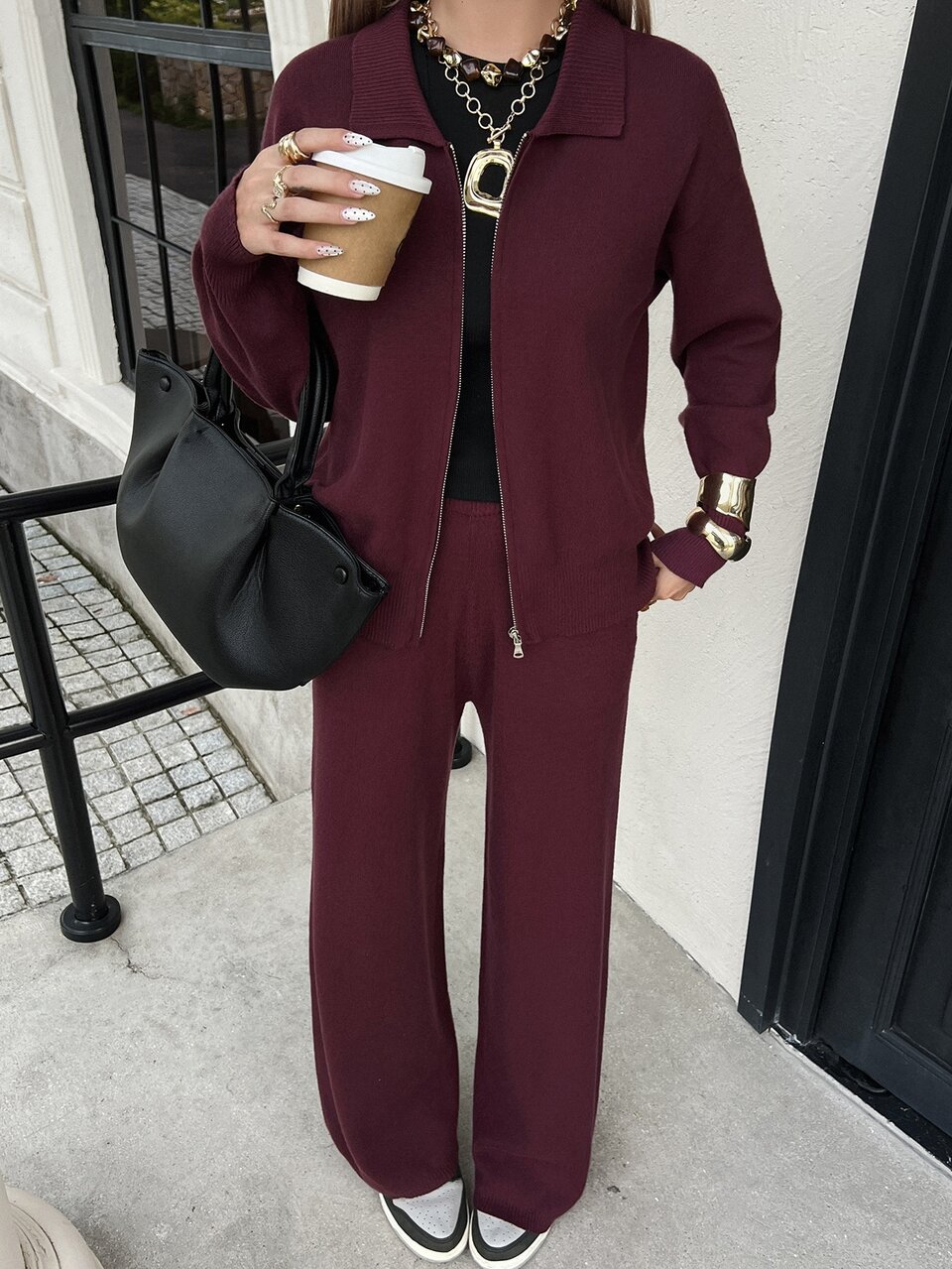 Women's 2pcs Set: Loose Casual Long Sleeve Cardigan & Straight Leg Pants, Burgundy, Autumn