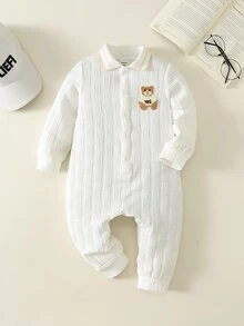 SHEIN 中性新生兒嬰兒男孩/女孩，可愛白色翻領連身衣，適合秋冬，嬰兒冬季連身衣 - 白色 - 查看 7