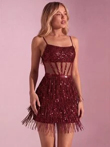 SHEIN Glamour 亮片流蘇網紗後拉鍊優雅性感迷你洋裝 約會之夜夜店派對酒紅色夏季 - 酒紅色 - 查看 5