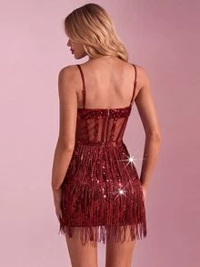 SHEIN Glamour 亮片流蘇網紗後拉鍊優雅性感迷你洋裝 約會之夜夜店派對酒紅色夏季 - 酒紅色 - 查看 3