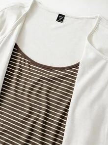 GlowEve CURVE Plus Size Knit Solid Color Cardigan With Front Buttons, Striped Slim Fit Camisole With Drawstring Decor, Elegant Casual Commute Daily Outing Long Pants - Coffee Brown - View 5
