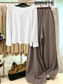 GlowEve CURVE Plus Size Knit Solid Color Cardigan With Front Buttons, Striped Slim Fit Camisole With Drawstring Decor, Elegant Casual Commute Daily Outing Long Pants - Coffee Brown - View 2