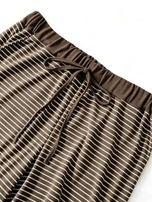 GlowEve CURVE Plus Size Knit Solid Color Cardigan With Front Buttons, Striped Slim Fit Camisole With Drawstring Decor, Elegant Casual Commute Daily Outing Long Pants - Coffee Brown - View 8
