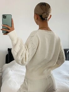 DAZY Solid Color Loose Fit Asymmetric Collar Hollow Out Jacquard Wavy Trim Long Sleeve Casual Vacation French Fall Knit Sweater For Women Brunch Winter - Apricot - View 2