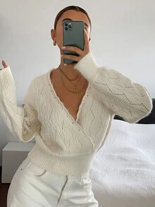 DAZY Solid Color Loose Fit Asymmetric Collar Hollow Out Jacquard Wavy Trim Long Sleeve Casual Vacation French Fall Knit Sweater For Women Brunch Winter - Apricot - View 3