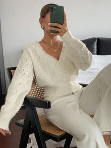 DAZY Solid Color Loose Fit Asymmetric Collar Hollow Out Jacquard Wavy Trim Long Sleeve Casual Vacation French Fall Knit Sweater For Women Brunch Winter - Apricot - View 4