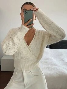 DAZY Solid Color Loose Fit Asymmetric Collar Hollow Out Jacquard Wavy Trim Long Sleeve Casual Vacation French Fall Knit Sweater For Women Brunch Winter - Apricot - View 6
