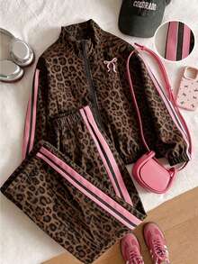 SHEIN Tween Girls Fall Outfits Fall 2pcs/Set Girls' Outfit Set: Colorful Striped Zipper Jacket With Embroidered Bow And Elastic Waist Pants - Multicolor - View 2