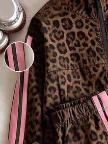 SHEIN Tween Girls Fall Outfits Fall 2pcs/Set Girls' Outfit Set: Colorful Striped Zipper Jacket With Embroidered Bow And Elastic Waist Pants - Multicolor - View 6