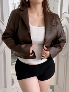 Dazy Plus Autumn Long Sleeve Dark Brown PU Leather Loose Casual Street Outdoor Short Jacket - Brown - View 3
