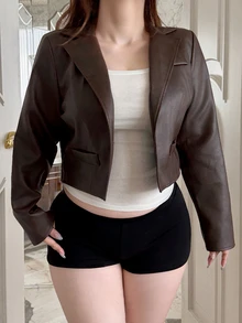 Dazy Plus Autumn Long Sleeve Dark Brown PU Leather Loose Casual Street Outdoor Short Jacket - Brown - View 6