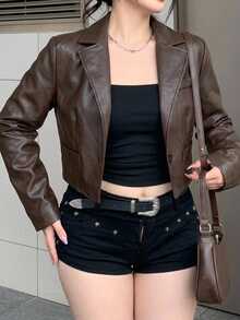 Dazy Plus Autumn Long Sleeve Dark Brown PU Leather Loose Casual Street Outdoor Short Jacket - Brown - View 1
