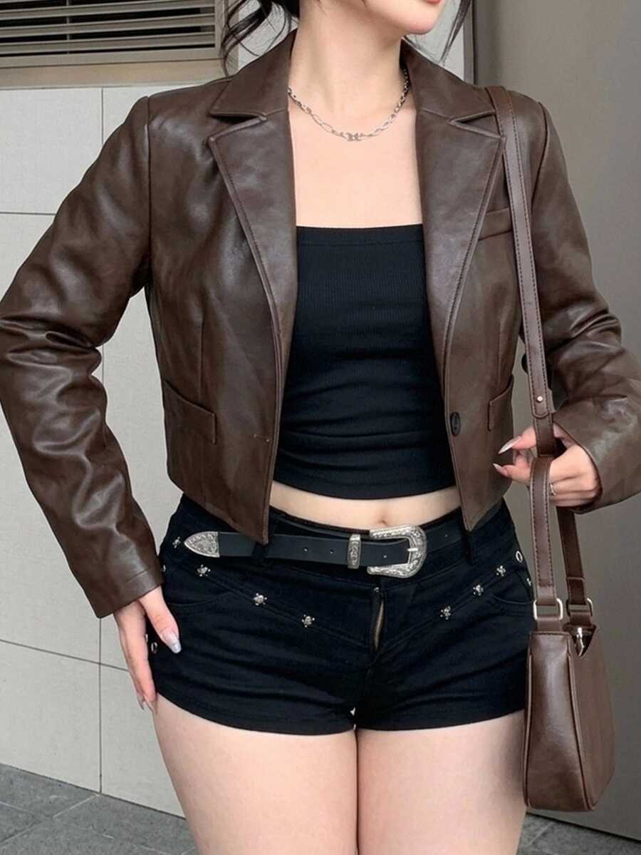 Dazy Plus Autumn Long Sleeve Dark Brown PU Leather Loose Casual Street Outdoor Short Jacket - Brown - View 1