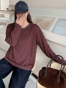 Dazy Plus 女款時尚條紋寬鬆休閒百搭長袖春秋新款T恤 - 酒紅色 - 查看 6