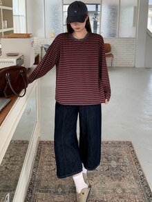 Dazy Plus 女款時尚條紋寬鬆休閒百搭長袖春秋新款T恤 - 酒紅色 - 查看 3