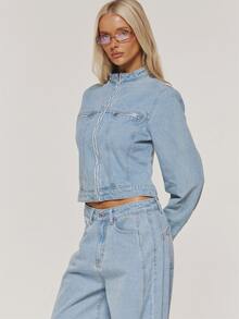 MUSERA Blue Denim Zip Up Detail High Neck Jacket Winter Casual Day Comfy Outfit Cool  Blue Womens Jacket - Baby Blue - View 4