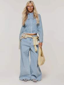 MUSERA Blue Denim Zip Up Detail High Neck Jacket Winter Casual Day Comfy Outfit Cool  Blue Womens Jacket - Baby Blue - View 1
