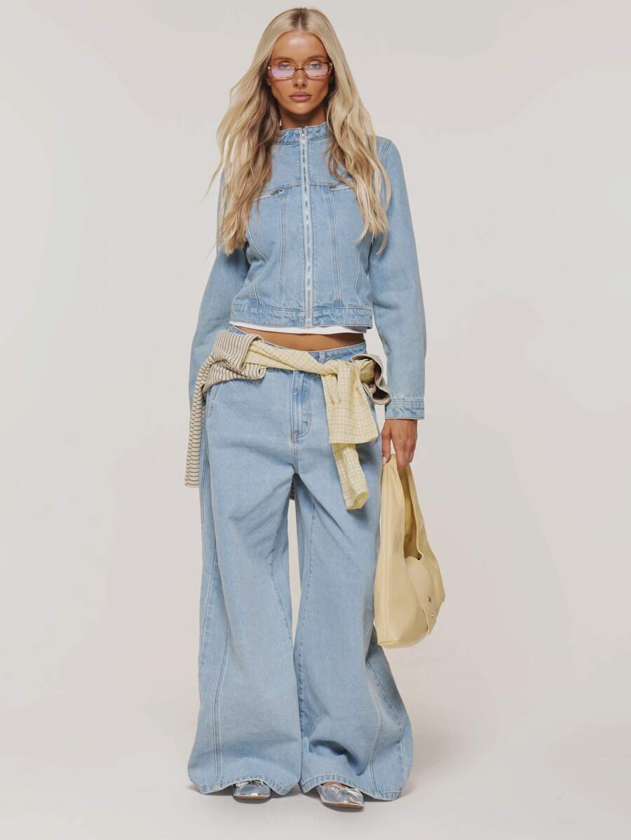 MUSERA Blue Denim Zip Up Detail High Neck Jacket Winter Casual Day Comfy Outfit Cool Blue Womens Jacket - Baby Blue - View 1