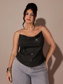 SHEIN BAE CURVE Plus Size Women's Black Rhinestone Embellished Camisole Tank Top - Black - View 3
