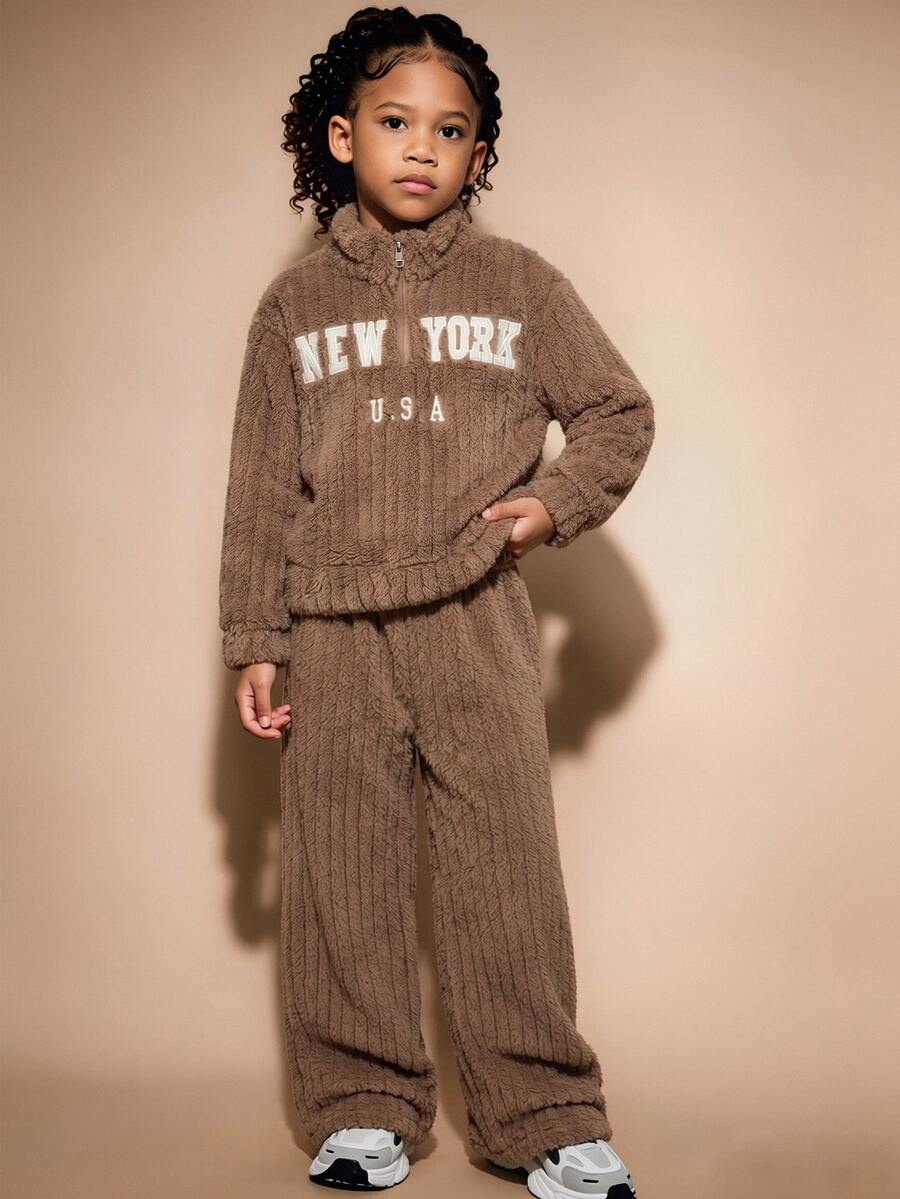 2pcs/Set Tween Girls Autumn/Winter New Knitted Fleece-Lined Letter Embroidered Loose Long Sleeve High Neck T-Shirt Top And Simple Versatile Fleece-... - Brown - View 1