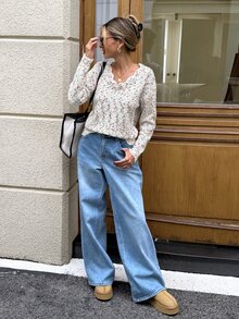 SHEIN LUNE كنزة نسائية كاجوال للتنقل اليومي بأكمام طويلة للخريف والشتاء، بتصميم باتشورك وحافة متموجة وألوان متداخلة، مناسبة للخروجات - متعدد الألوان - مشاهدة 4