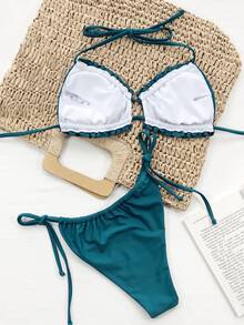 Bonvoyette Women's Solid Color Halter Tie Sexy Bikini Swimwear Set, Ruffle Trim - Teal Blue - View 3