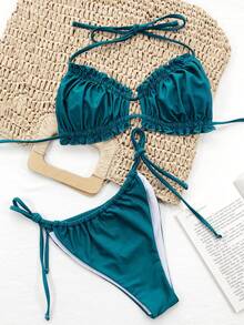 Bonvoyette Women's Solid Color Halter Tie Sexy Bikini Swimwear Set, Ruffle Trim - Teal Blue - View 6
