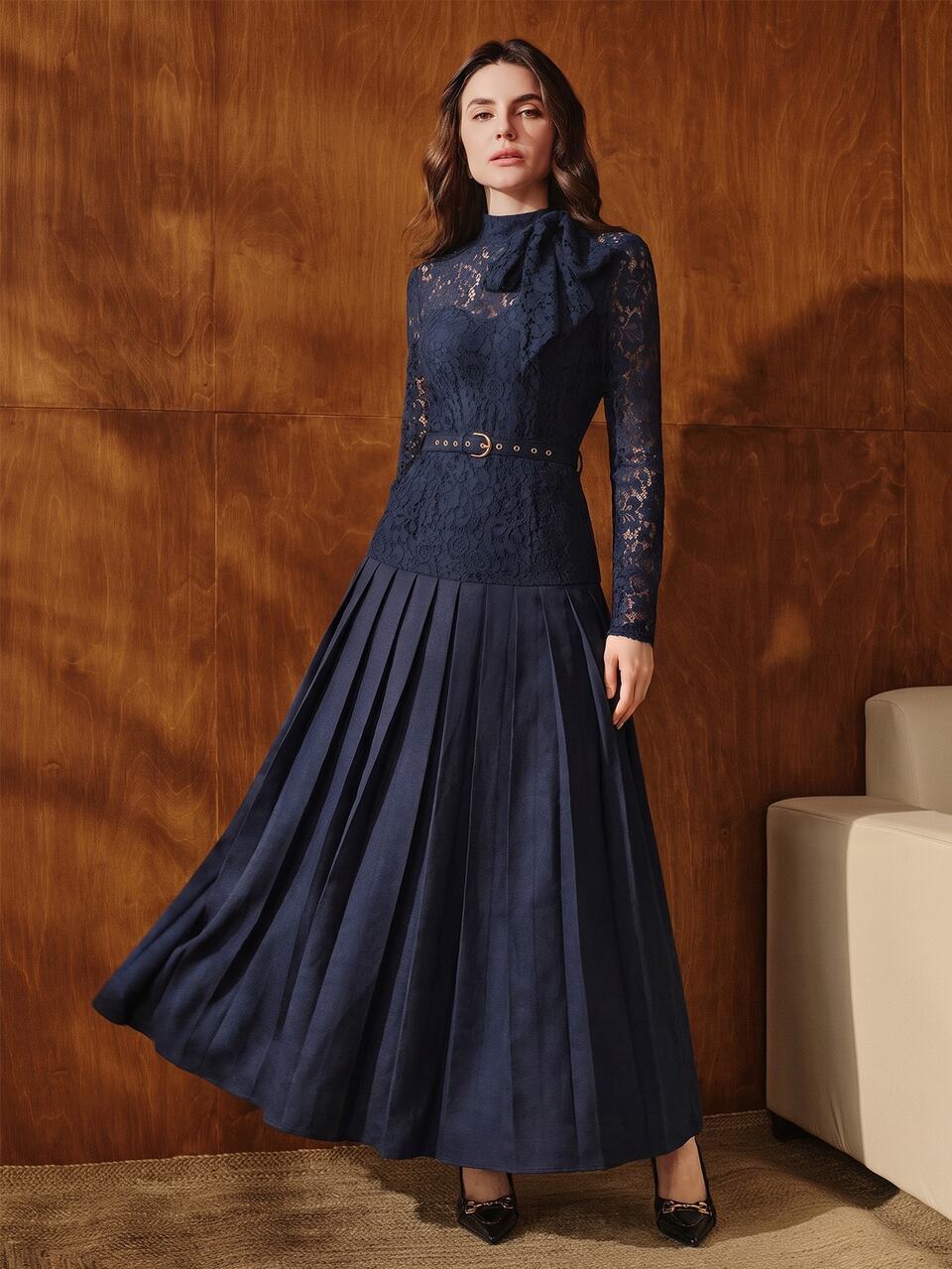 Anewsta New Autumn Women's Elegant Dress With Stand Collar, Tie-Up Bow, Butterfly Ribbon, Lace Patchwork, Solid Color, Cinched Waist With Belt, Full Skirt, Holiday Outfit