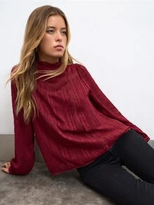 Nöista Blus Wanita Warna Burgundy dengan Detail Renda di Bagian Depan, Sangat Cocok untuk Kembali ke Sekolah, dan Tampilan Sehari-hari untuk Musim Gugur dan Musim Dingin. - Hitam - View 4