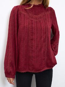 Nöista Blus Wanita Warna Burgundy dengan Detail Renda di Bagian Depan, Sangat Cocok untuk Kembali ke Sekolah, dan Tampilan Sehari-hari untuk Musim Gugur dan Musim Dingin. - Hitam - View 2