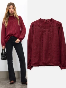 Nöista Blus Wanita Warna Burgundy dengan Detail Renda di Bagian Depan, Sangat Cocok untuk Kembali ke Sekolah, dan Tampilan Sehari-hari untuk Musim Gugur dan Musim Dingin. - Hitam - View 1