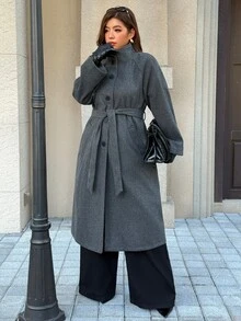 Easura Jaket Kasual Wanita Ukuran Besar Warna Abu-abu, Kancing Tunggal, Bahan Campuran Wol, Musim Dingin - Grey - View 5