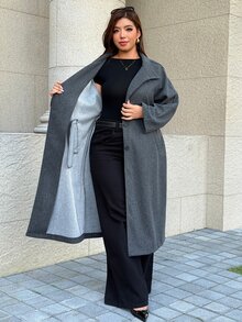 Easura Jaket Kasual Wanita Ukuran Besar Warna Abu-abu, Kancing Tunggal, Bahan Campuran Wol, Musim Dingin - Grey - View 8