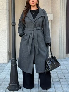 Easura Jaket Kasual Wanita Ukuran Besar Warna Abu-abu, Kancing Tunggal, Bahan Campuran Wol, Musim Dingin - Grey - View 4