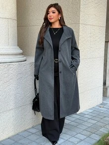 Easura Jaket Kasual Wanita Ukuran Besar Warna Abu-abu, Kancing Tunggal, Bahan Campuran Wol, Musim Dingin - Grey - View 3