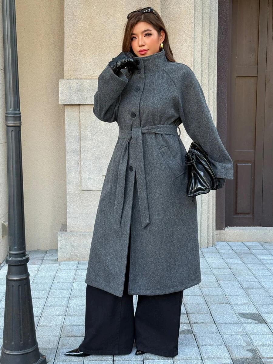 Easura Jaket Kasual Wanita Ukuran Besar Warna Abu-abu, Kancing Tunggal, Bahan Campuran Wol, Musim Dingin - Grey - View 1