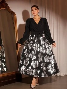 Cravure Plus Size Long Sleeve Patchwork Gold Foil Long Dress Fall - Black - View 6