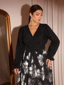 Cravure Plus Size Long Sleeve Patchwork Gold Foil Long Dress Fall - Black - View 5