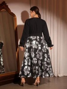 Cravure Plus Size Long Sleeve Patchwork Gold Foil Long Dress Fall - Black - View 2