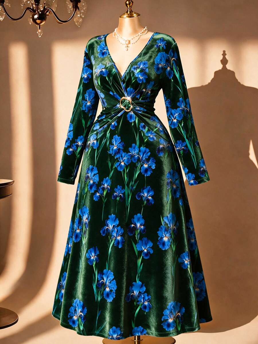 Rometta Plus Size Deep V-Neck Long Sleeve Waist Knot Decor Button Slimming Print Retro Elegant Casual Commute Dress For Women - Multicolor - View 1