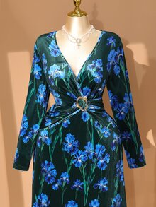 Rometta Plus Size Deep V-Neck Long Sleeve Waist Knot Decor Button Slimming Print Retro Elegant Casual Commute Dress For Women - Multicolor - View 8