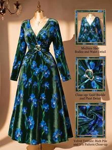 Rometta Plus Size Deep V-Neck Long Sleeve Waist Knot Decor Button Slimming Print Retro Elegant Casual Commute Dress For Women - Multicolor - View 3