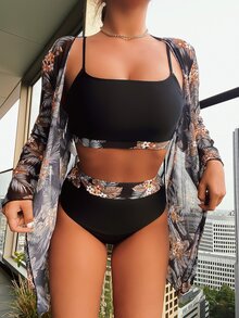 SHEIN Swim Summer Beach 3packs Random Tropical Print High Waist Bikini & Kimono - Multicolor - View 3