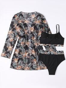 SHEIN Swim Summer Beach 3packs Random Tropical Print High Waist Bikini & Kimono - Multicolor - View 4